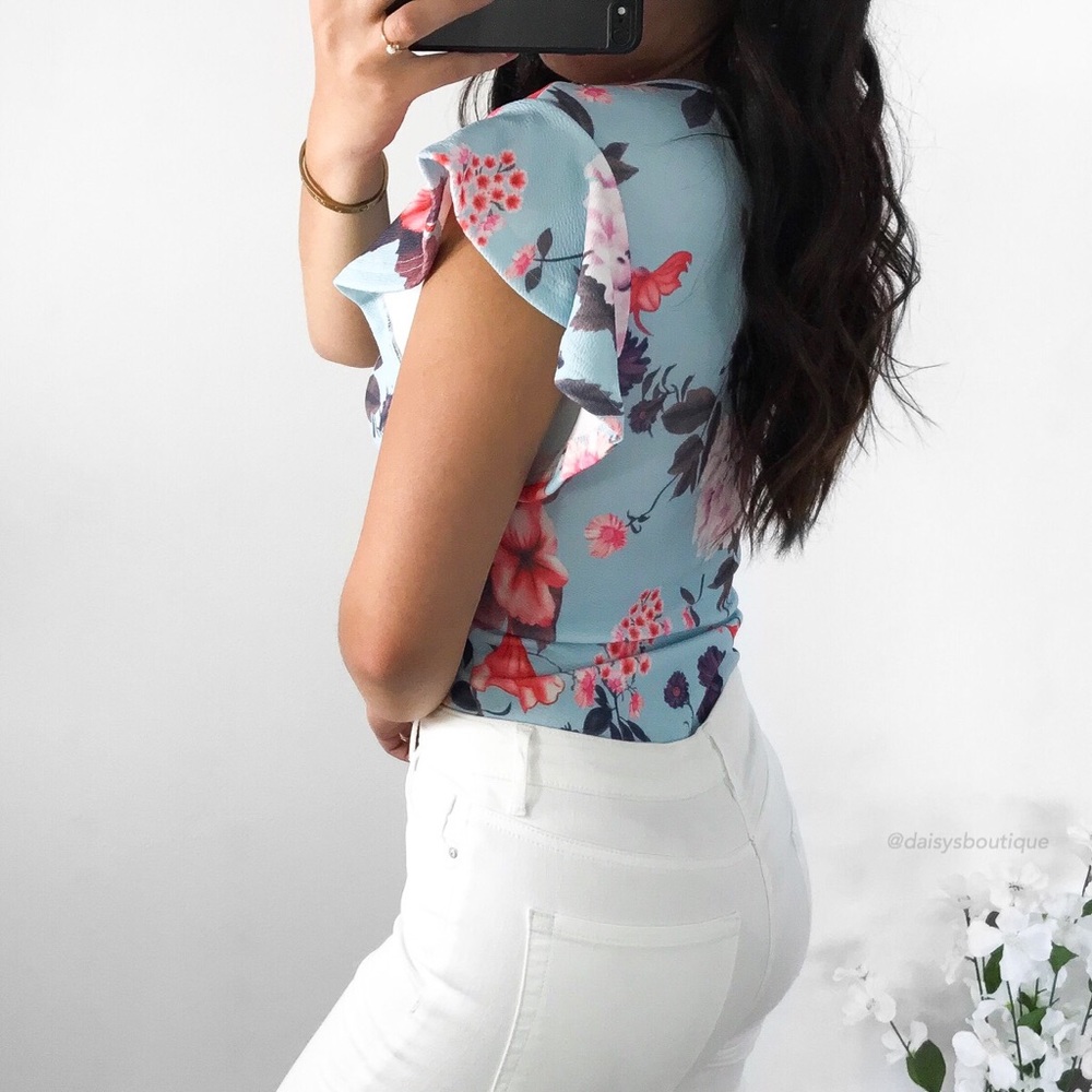 blue and pink floral twisted front ruffle bodysuit - Picture 4 of 4